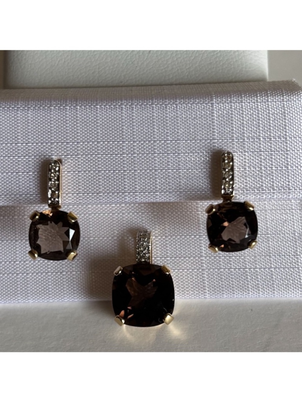 14K Yellow Gold, Smoky Quartz and diamonds earrings and matching pendant